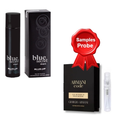 Blue Up Blue Secret Men 100 ml + Perfume Sample Spray Armani Code Men