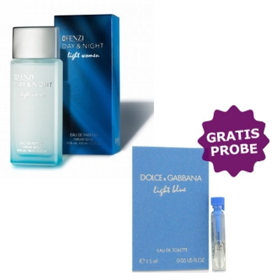 JFenzi Day & Night Light Intense 100 ml + Perfume Sample Spray D&G Light Blue Femme