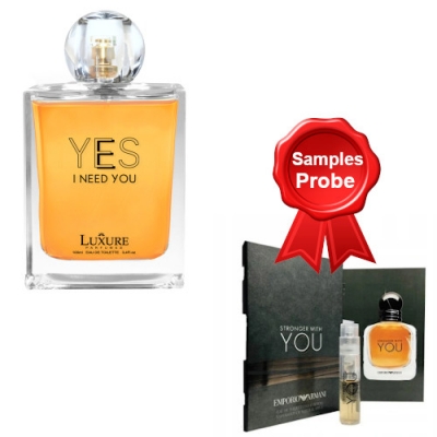 Luxure Yes I Need You 100 ml + Perfume Sample Spray Armani Stronger With You