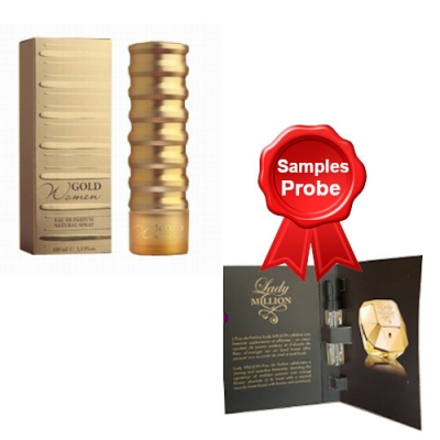 New Brand Gold Women 100 ml + Perfume Sample Spray Paco Rabanne Lady Million